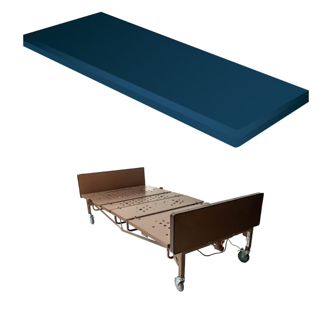 A blue foam mattress topper and the ProBasics 42 Bariatric Full Electric Homecare Bed in brown with wheels are shown on a white background.